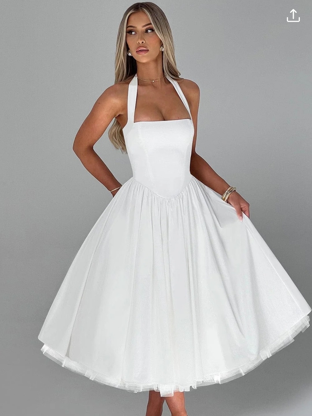 Elegant White Halter Midi Dress with Full Skirt